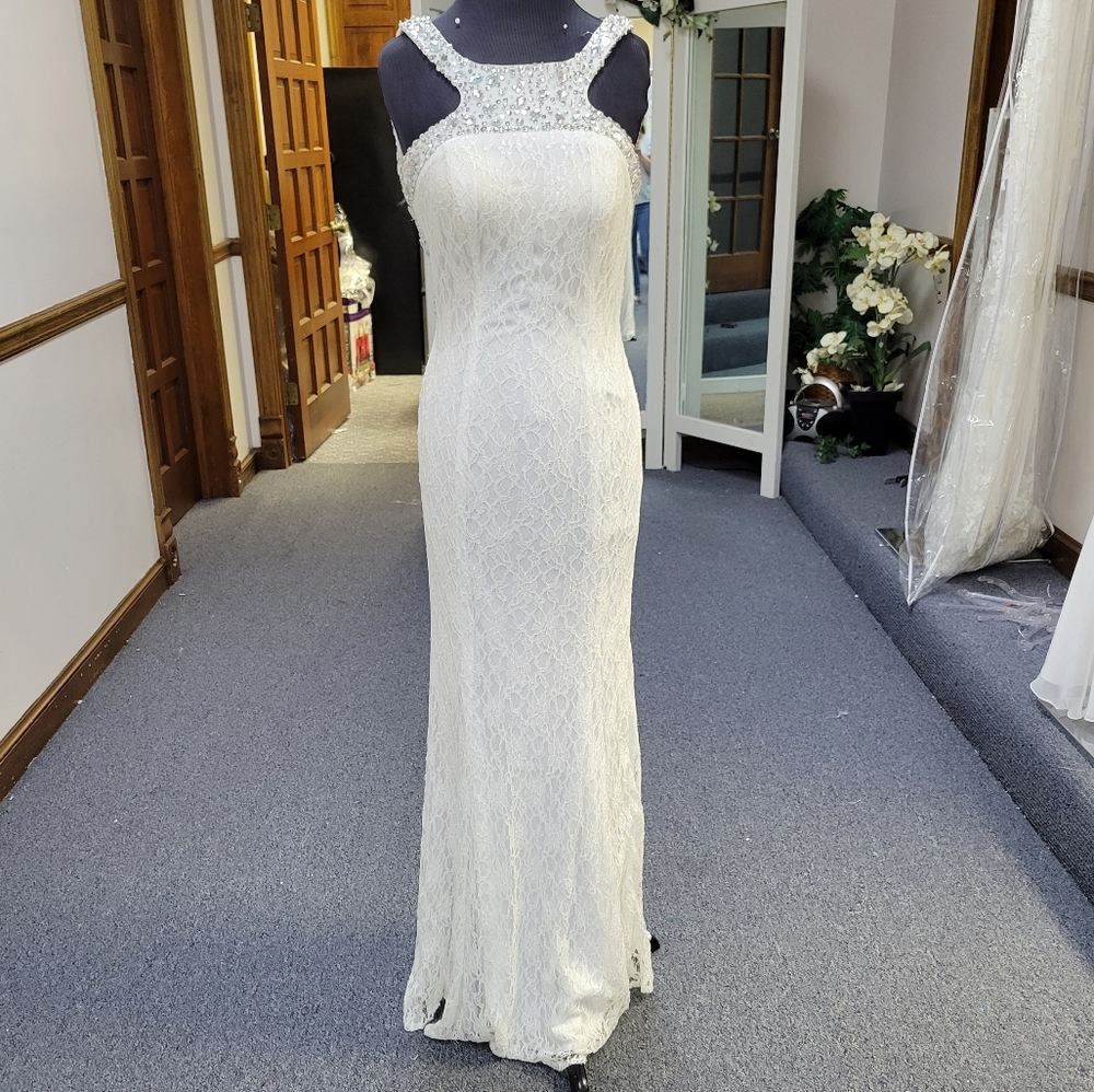 J&J DESIGN WHITE LONG STRETCH LACE PROM BRIDAL BEACH REHEARSAL DRESS E50011 $400